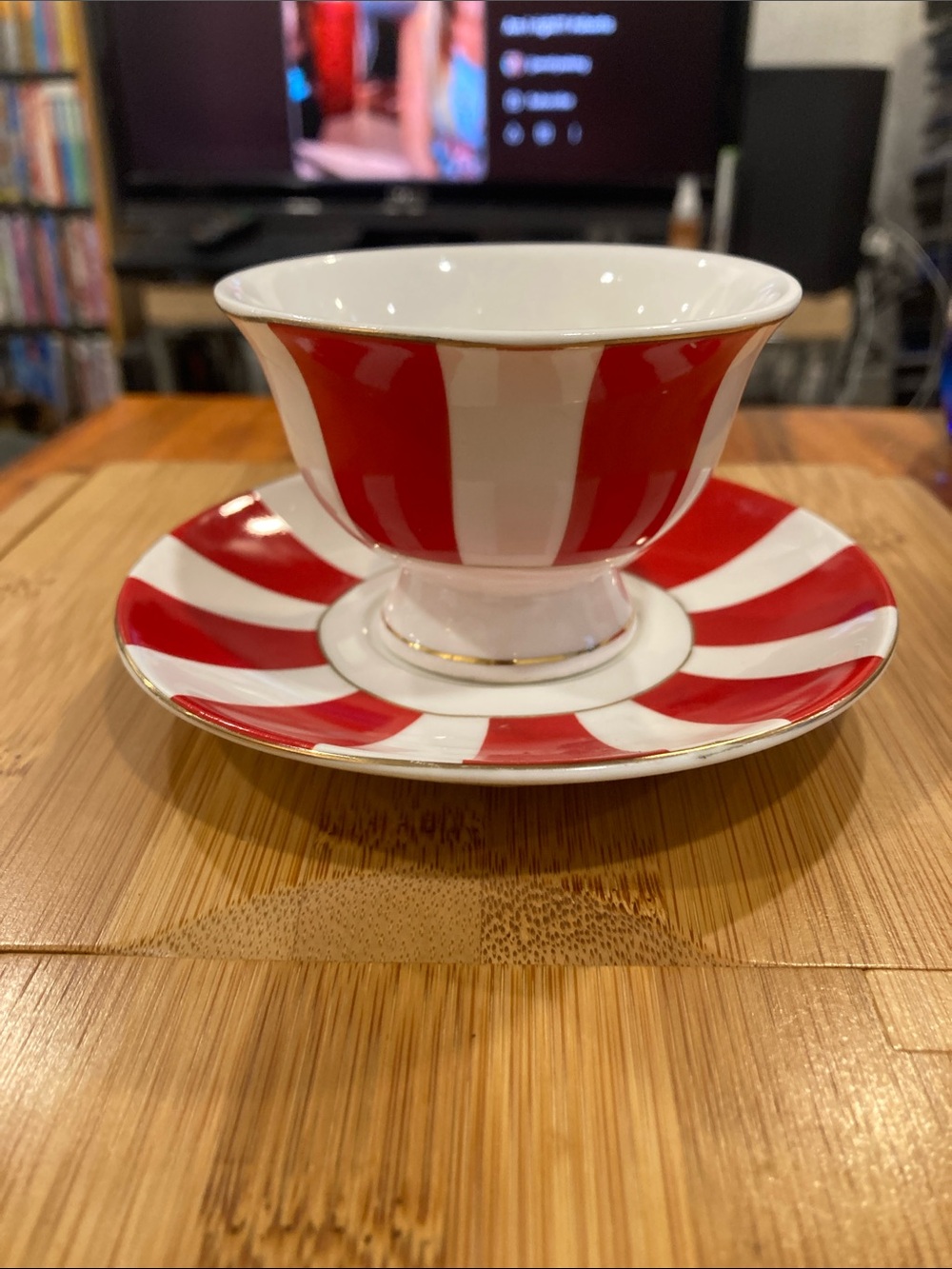 Red & White Striped Porcelain Teacup and Saucer Set #3